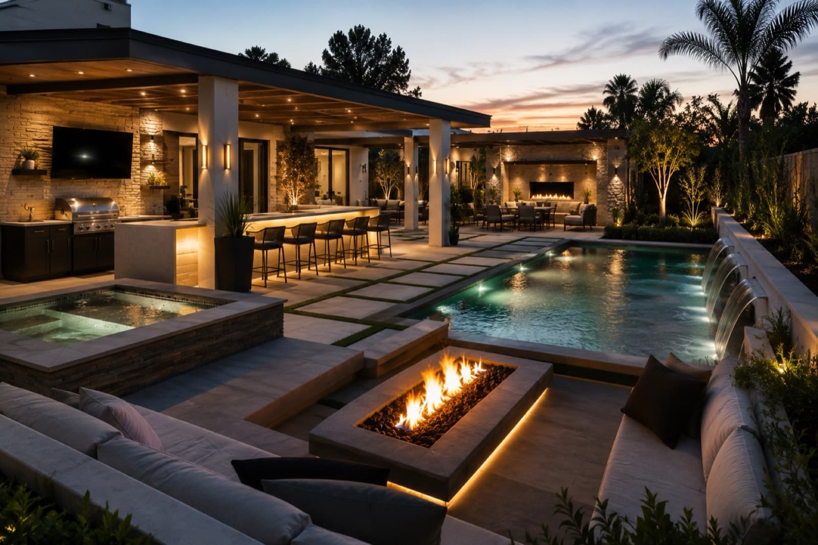 Backyard at dusk with pool, spa and covered outdoor kitchen