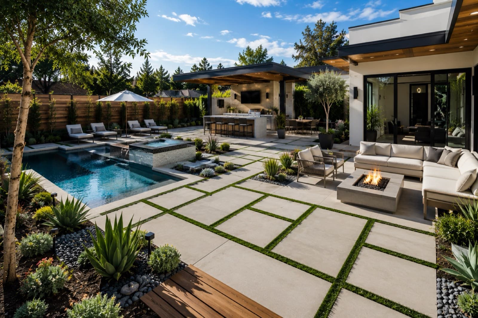 Landscaped backyard with pool, pavers and pergola