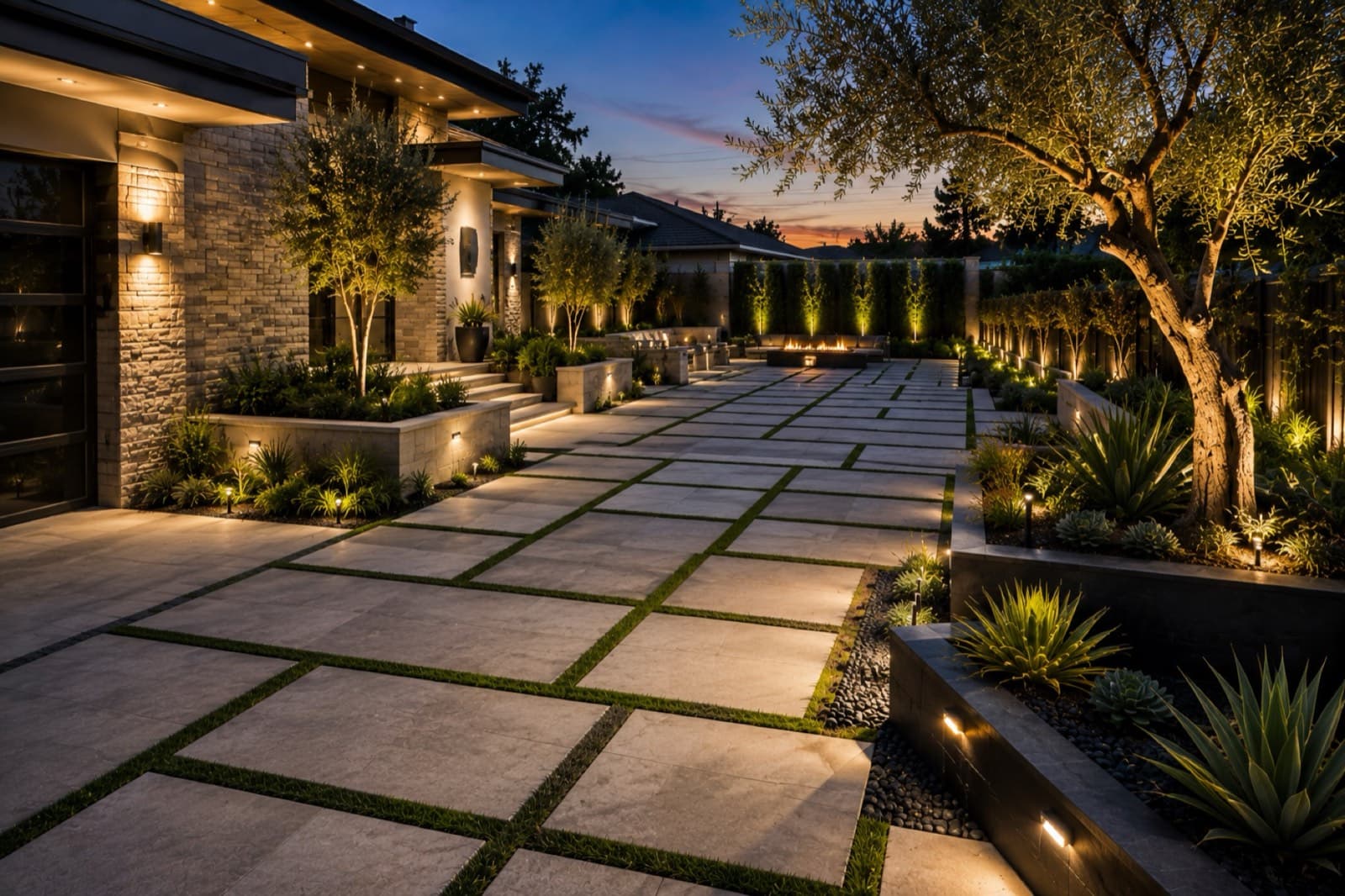 Paver walkway with grass joints and landscape lighting