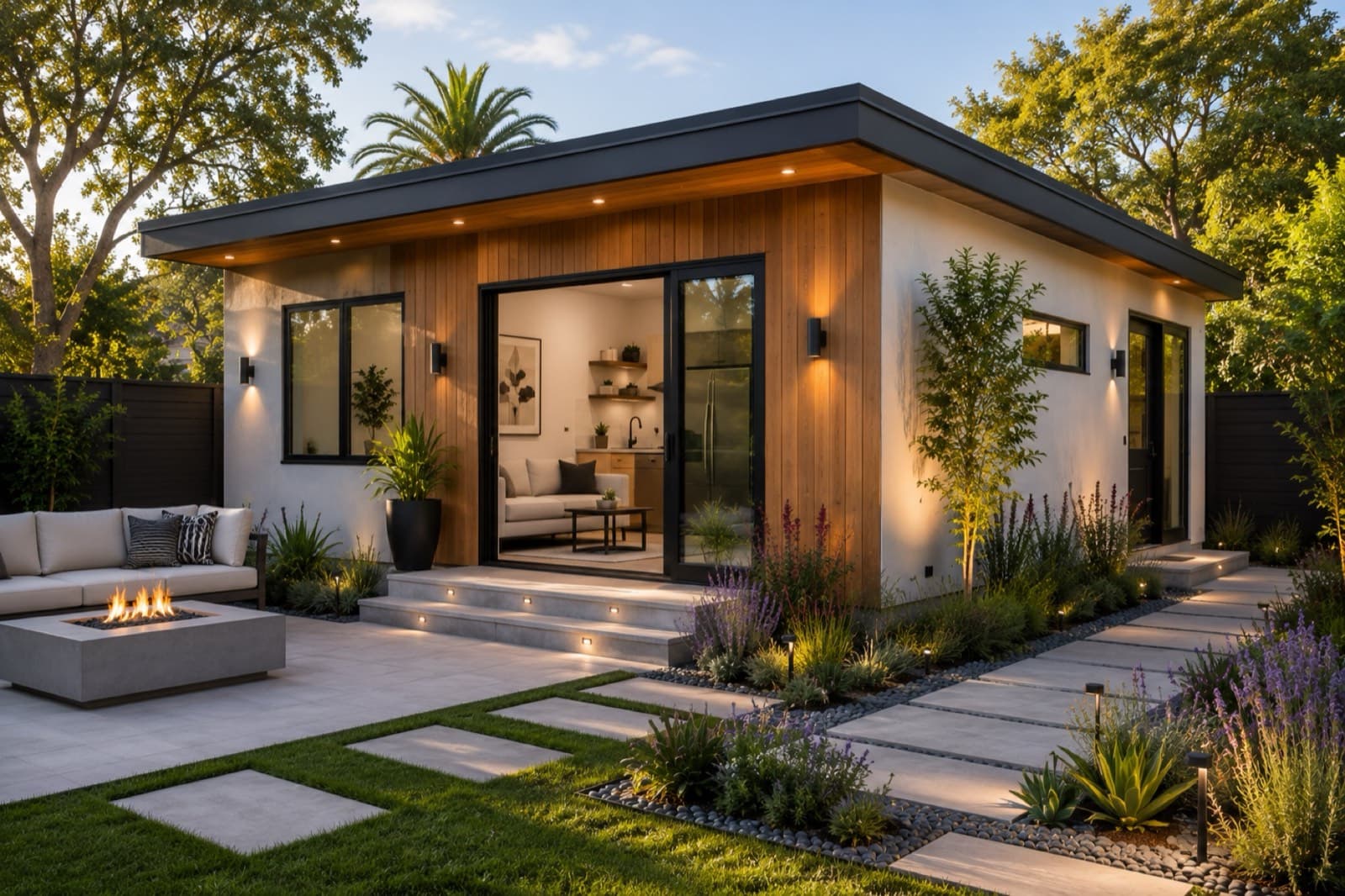 Modern detached ADU with wood siding and landscaped entry at golden hour