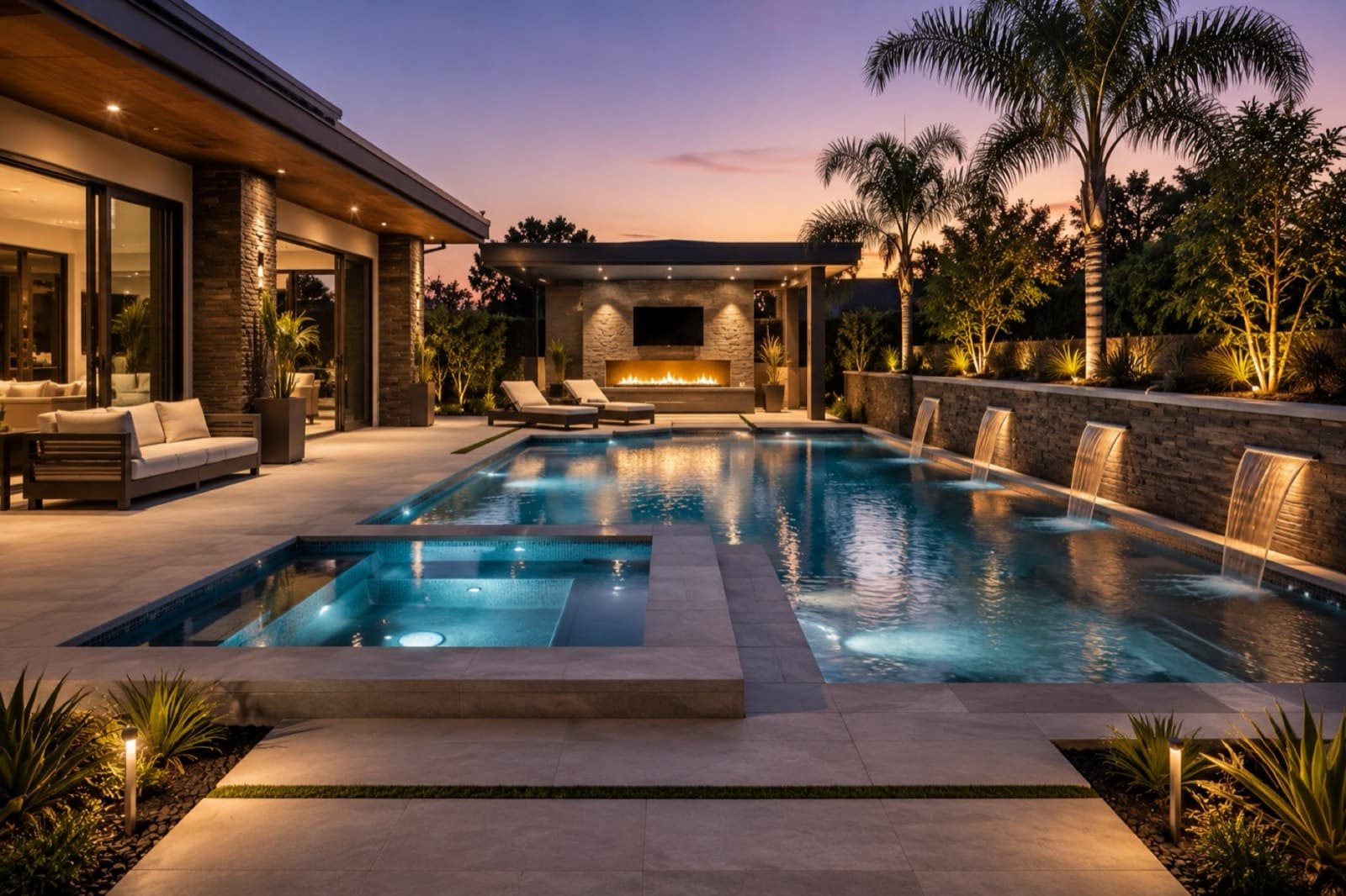 Pool and spa with water features beside a covered outdoor living area at twilight