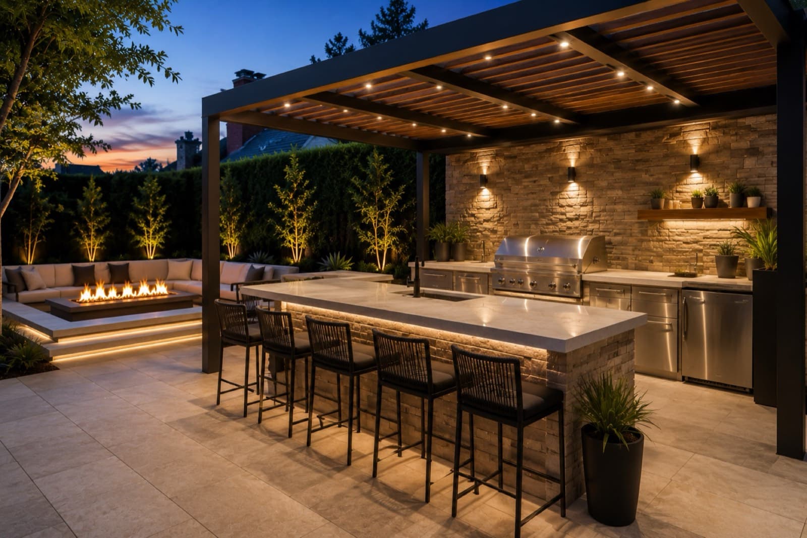 Outdoor kitchen beneath a lit pergola with bar seating and a fire feature