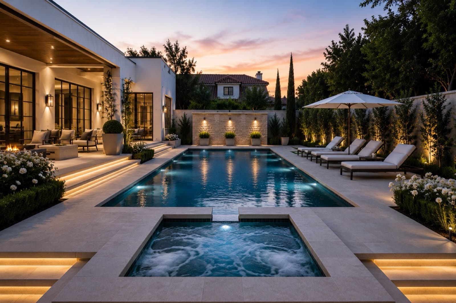 Luxury pool and spa at sunset with loungers and landscape lighting